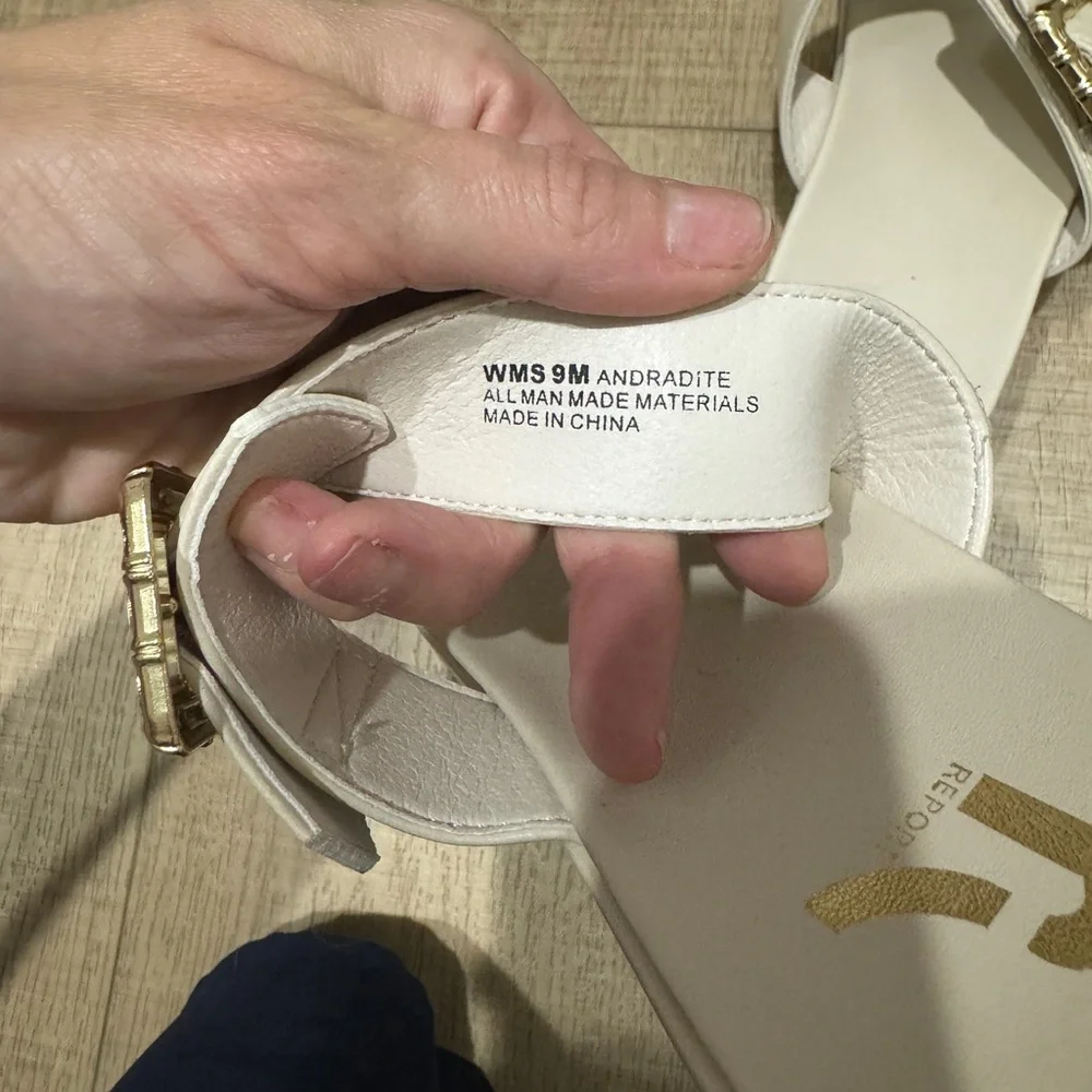 Size 9 White Sandals with Gold Buckle